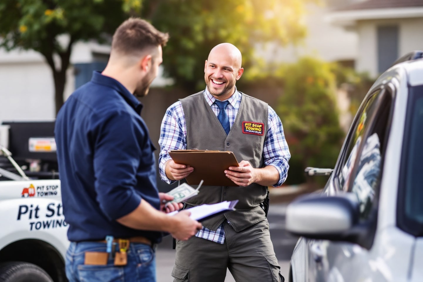 A customer prepares to receive cash from a towing professional, highlighting the Cash for Cars service