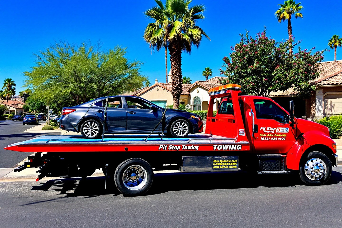 A dark gray sedan is loaded onto a flatbed towing truck in a residential neighborhood, highlighting efficient flatbed towing solutions.