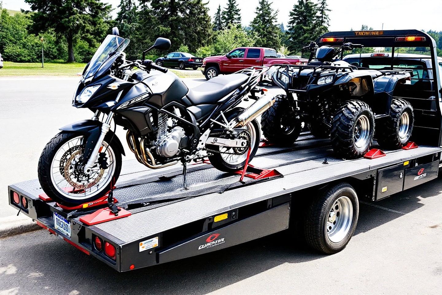 A flatbed tow truck carrying a motorcycle and an ATV, emphasizing reliable motorcycle and ATV towing services.