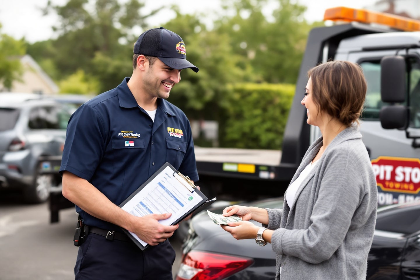 A friendly towing service employee smiles as a customer receives cash, demonstrating the Cash for Cars service