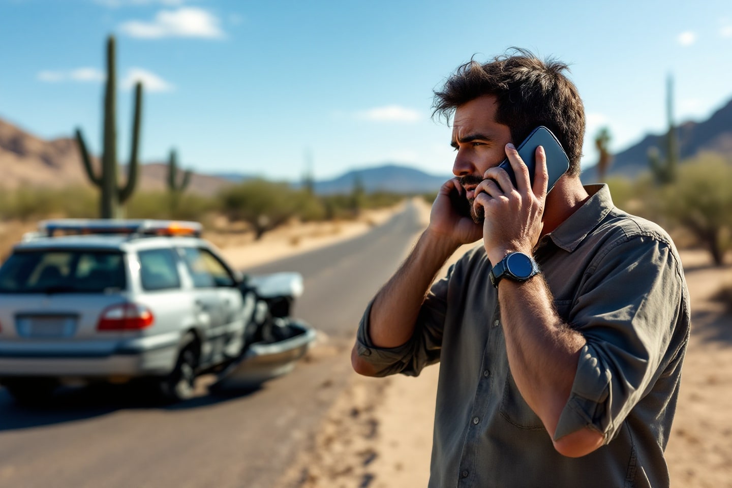 A man makes an urgent call on a desert road after an accident, ready for Pit Stop Towing AZ assistance.