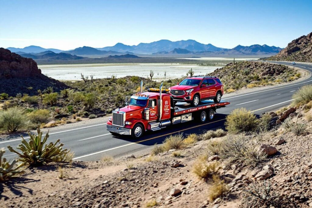A powerful red tow truck hauls an SUV across a scenic desert highway. This shot emphasizes the reliability of long-distance towing services in even the most rugged environments..jpg