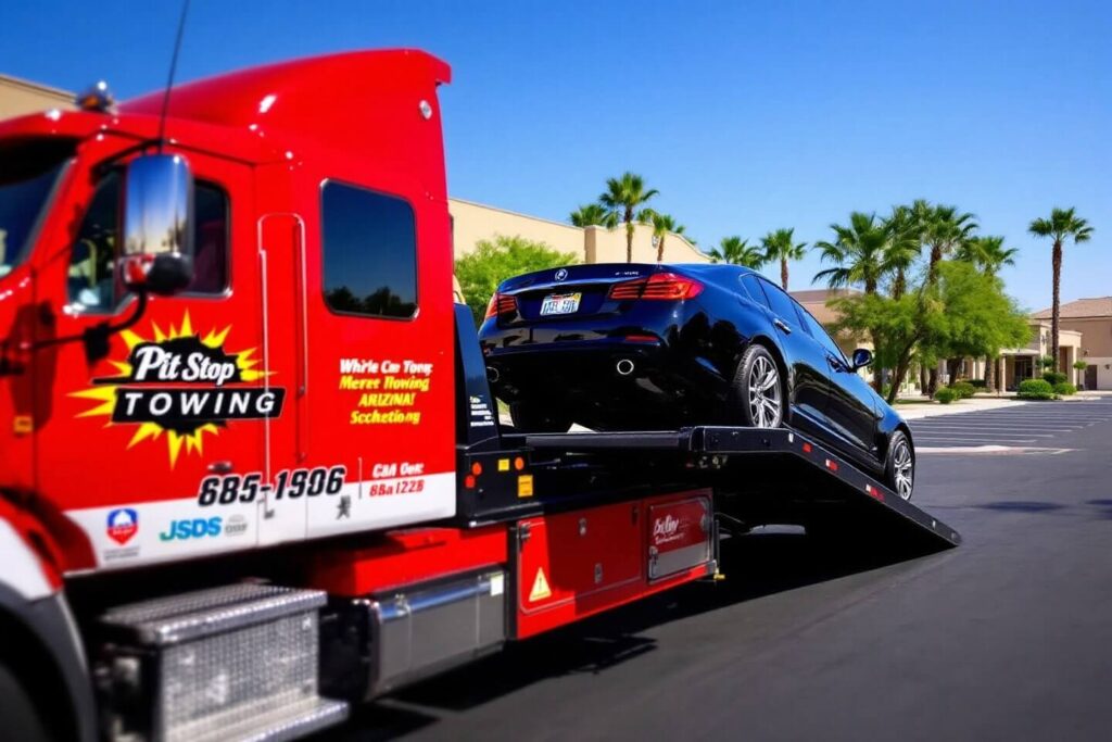 A red Pit Stop Towing truck is performing car transport loading_unloading of a black sedan in a suburban setting with palm trees and clear skies
