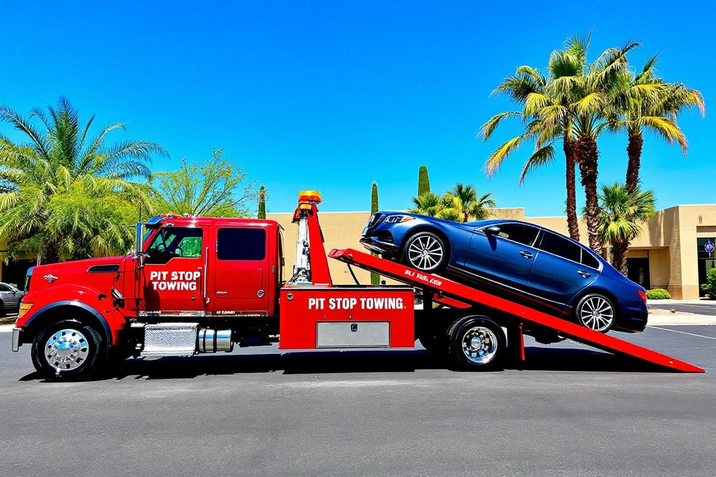 A red Pit Stop Towing truck is performing car transport loading_unloading of a blue sedan in a sunny area with palm trees in the background