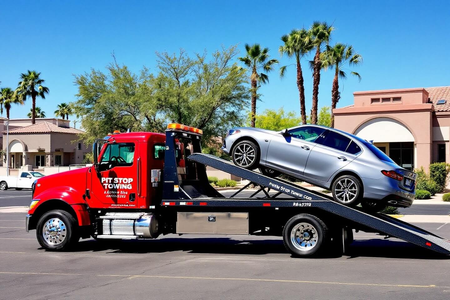 A red Pit Stop Towing truck is performing car transport loading_unloading of a silver sedan in a residential area with palm trees and clear skies