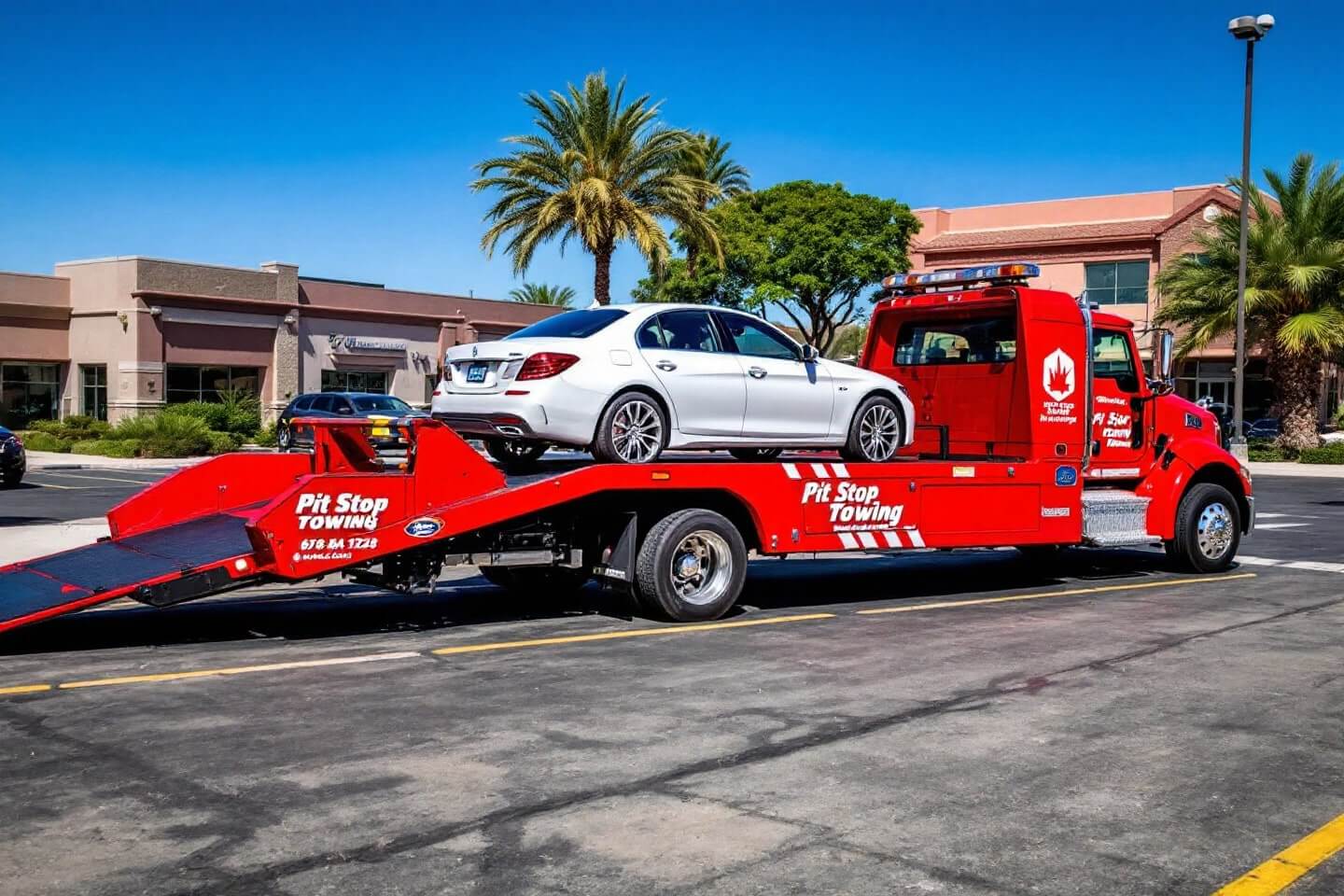 A red Pit Stop Towing truck is performing car transport loading_unloading of a white sedan in a commercial area under clear blue skies