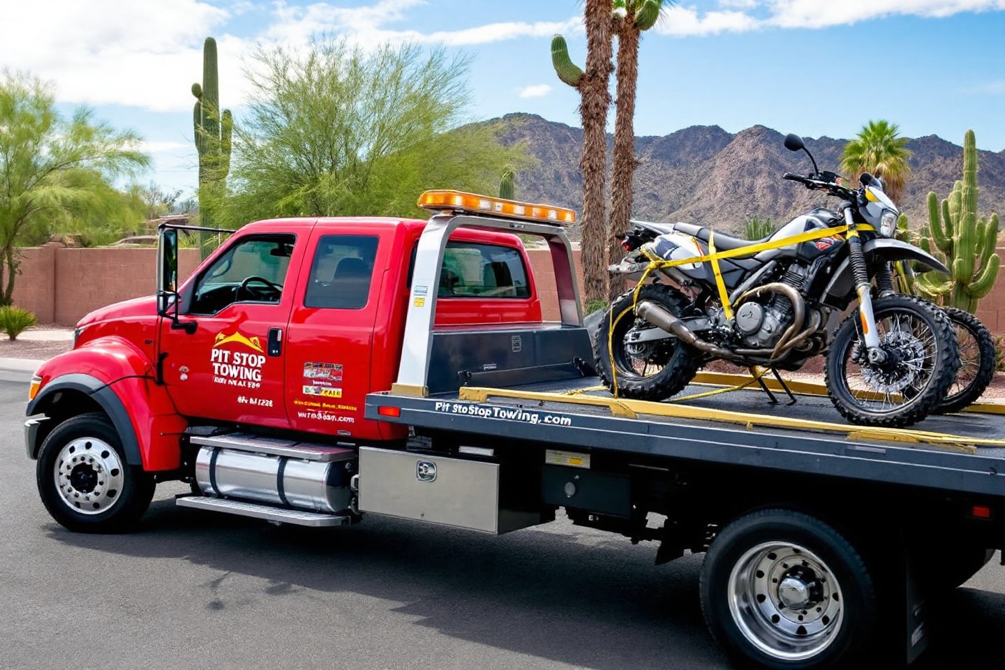 A red Pit Stop Towing truck transporting a securely strapped motorcycle, highlighting specialized motorcycle towing services.