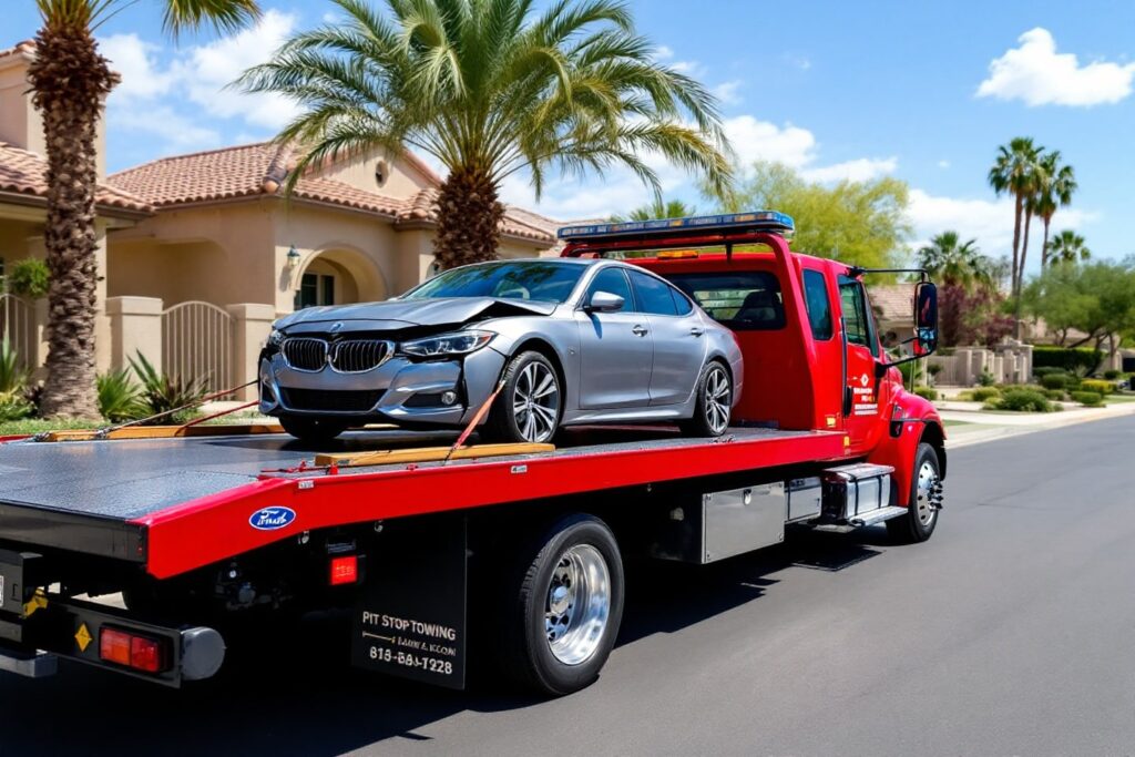 A red flatbed towing truck securely transports a silver BMW with front-end damage, showcasing reliable flatbed towing services.