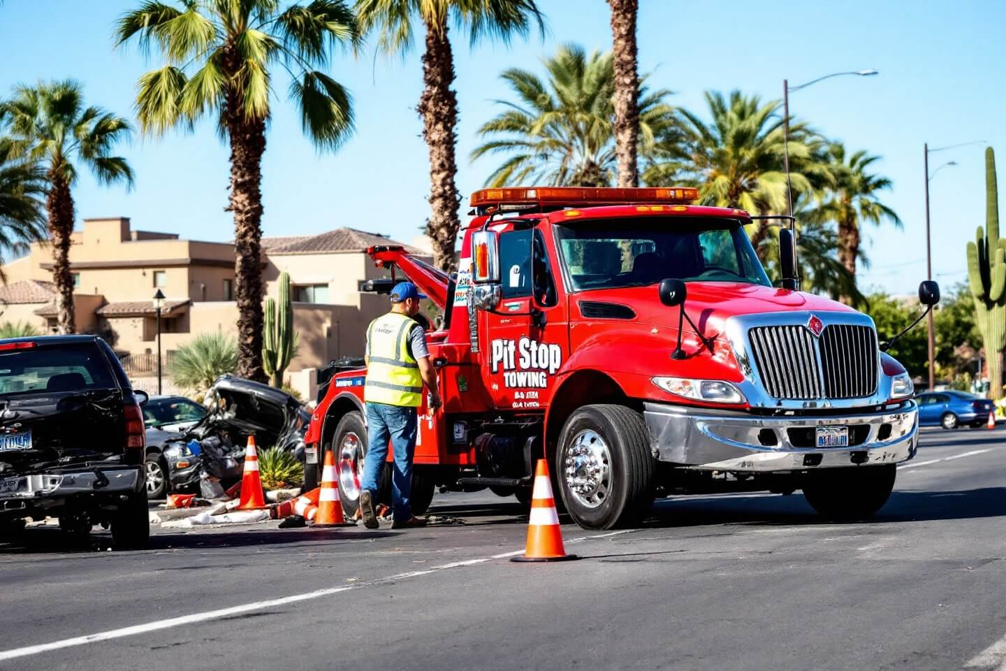 A red tow truck assists with accident recovery & clean up, as a technician secures the scene near a damaged vehicle.