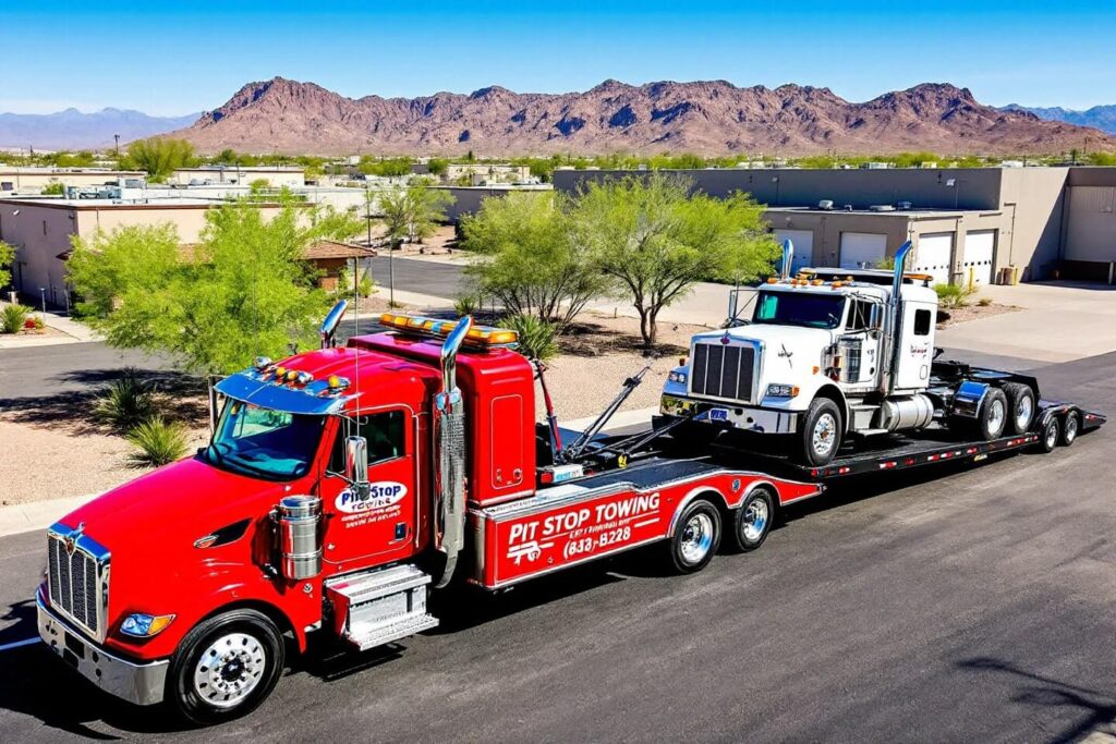 A red tow truck hauls a large work truck on a flatbed, showcasing heavy-duty work trucks towing services
