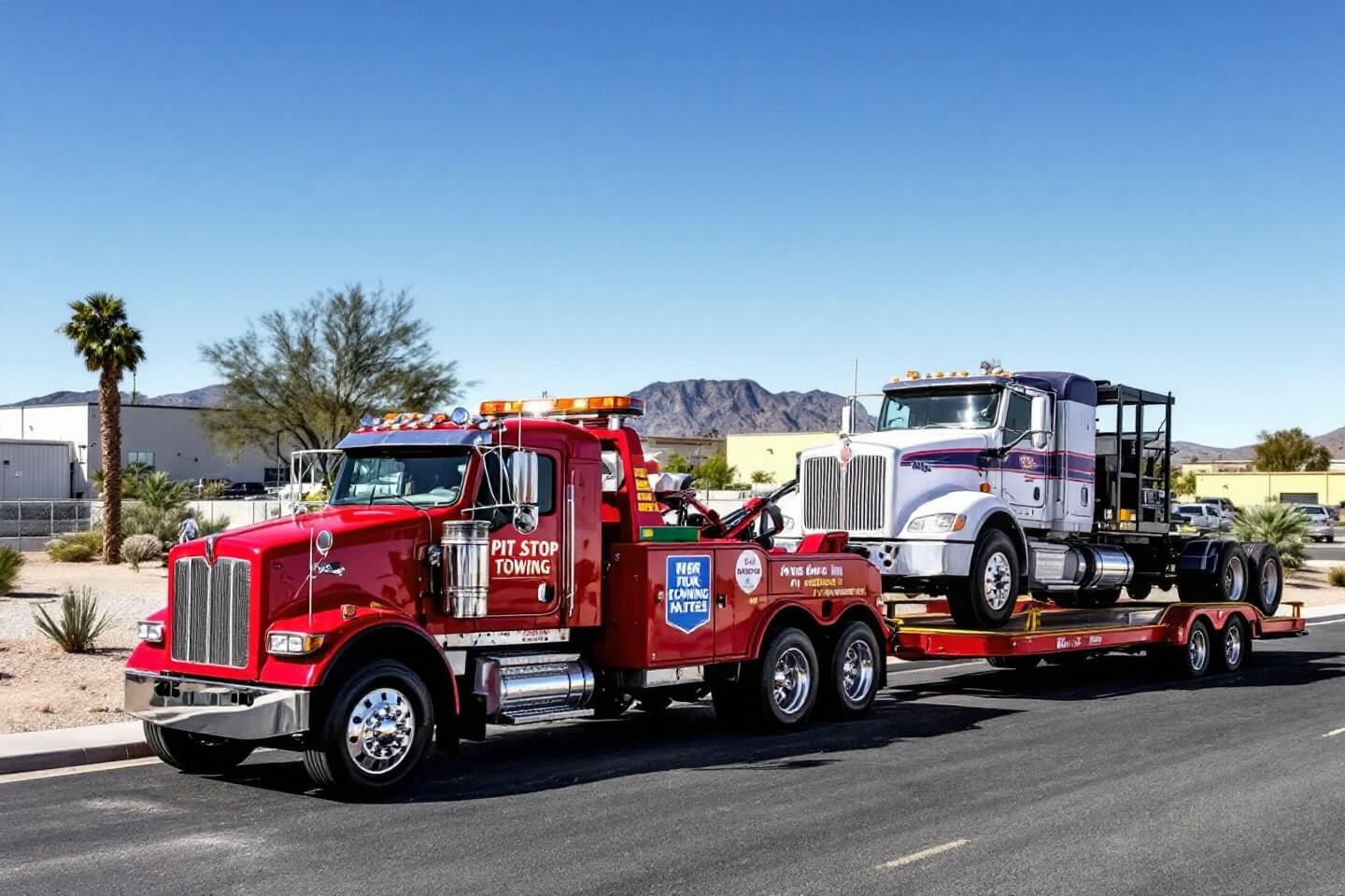 A red tow truck hauls a white work truck on a trailer, providing efficient work trucks towing solutions