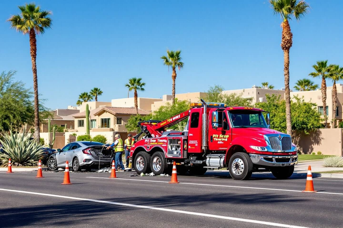 A red tow truck is set up for accident recovery & clean up, with workers clearing debris from the roadway.