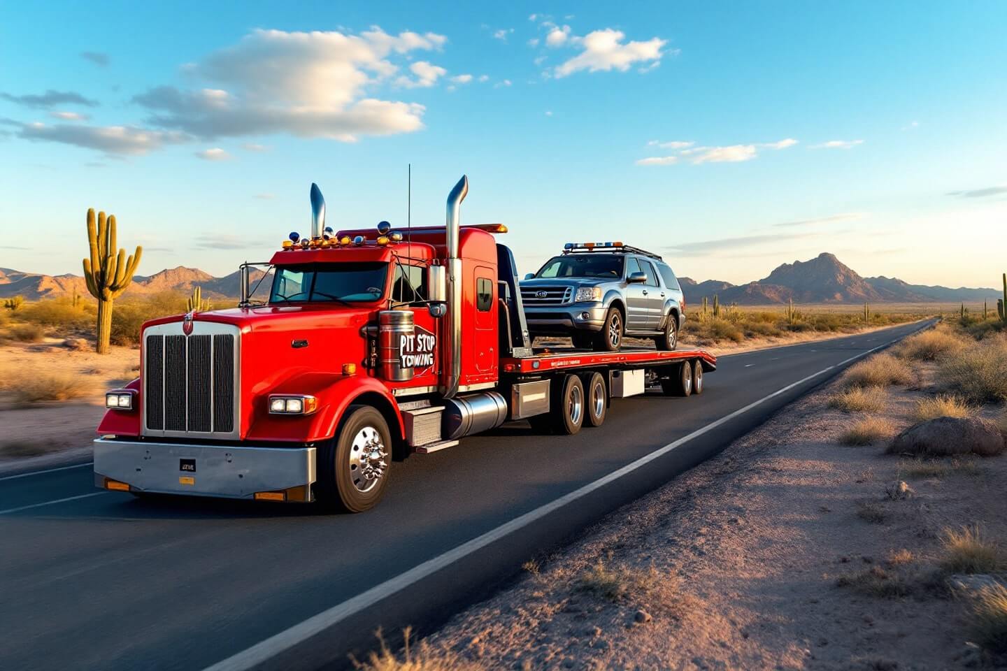 A red tow truck transports a vehicle, showcasing long-distance towing services resilience and dedication to reaching destinations regardless of distance.