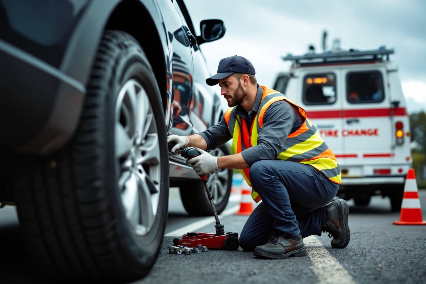 A roadside technician carefully performs a Mobile Tire Change, using a jack and tools with a service van in the background