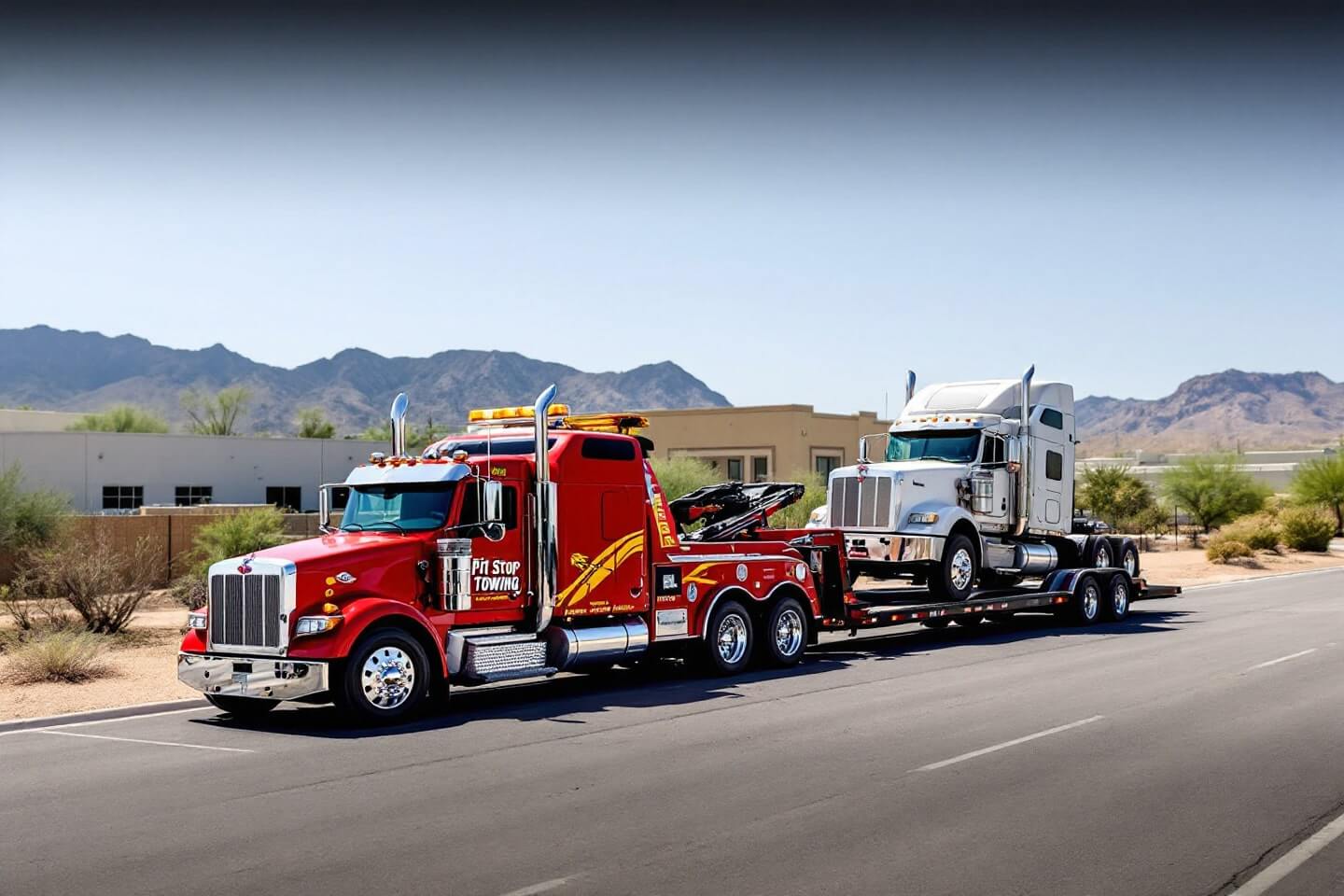 A robust red tow truck carries a large semi-truck, illustrating dependable work trucks towing services for industrial vehicles