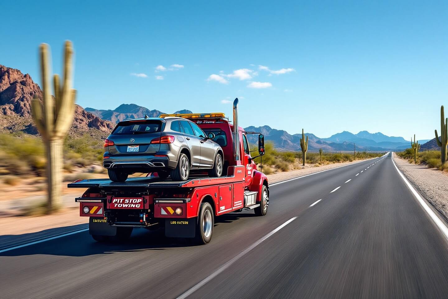 A robust tow truck carrying an SUV securely on its back. This image underscores the efficiency and security of long-distance towing for vehicles in remote areas..jpg