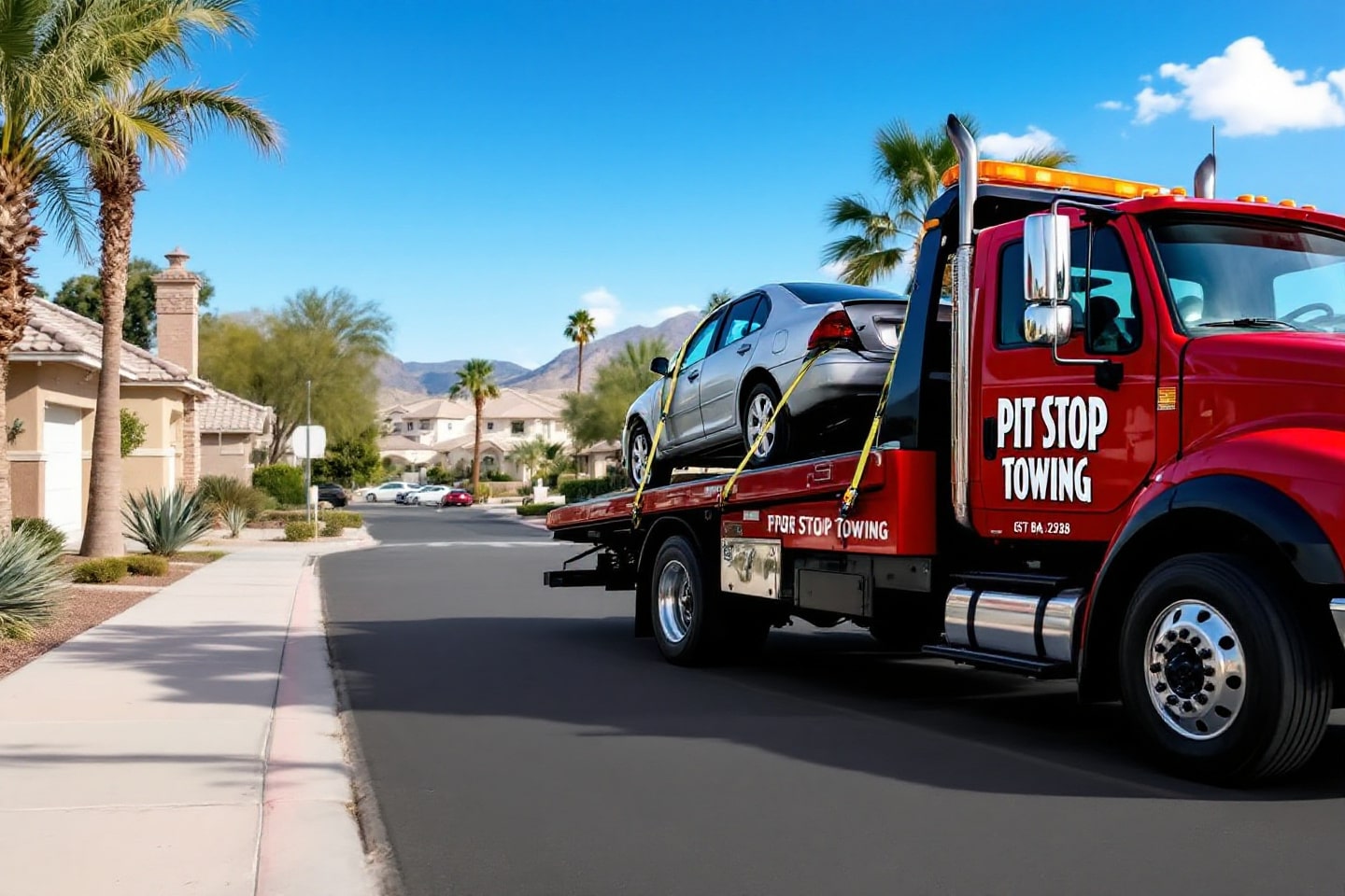 A silver car is safely strapped on a red flatbed towing truck, ready for transport, demonstrating professional flatbed towing capabilities.