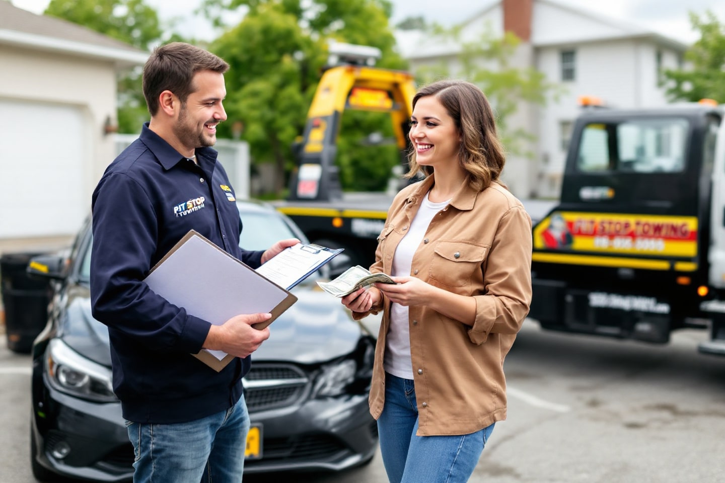 A smiling customer receives cash from a towing service agent, highlighting the Cash for Cars service