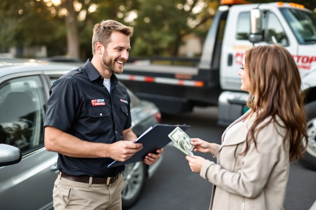 A smiling towing company representative hands over cash to a satisfied customer, showcasing the Cash for Cars service