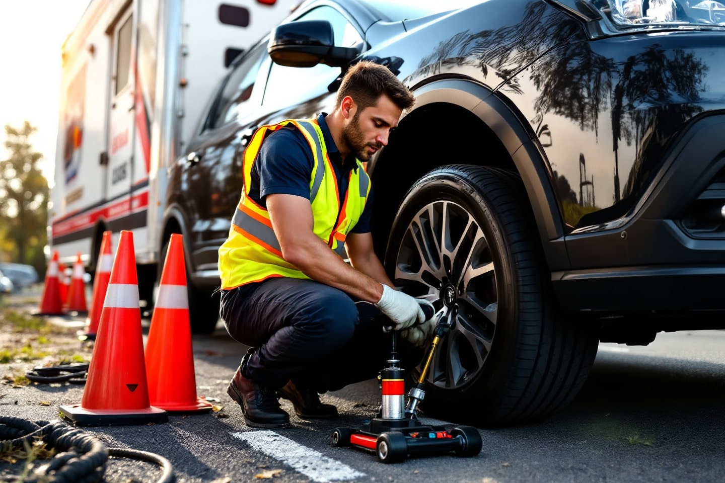 A technician performs a Mobile Tire Change on a roadside, using a hydraulic jack and tools next to a service vehicle