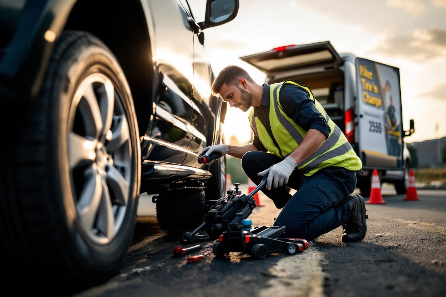 A technician performs a Mobile Tire Change on a roadside, using professional tools with a service van in the background
