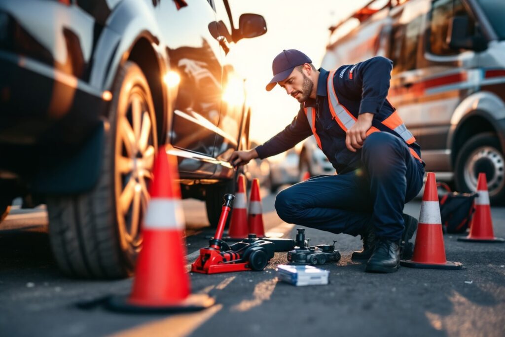 A technician performs a Mobile Tire Change on the roadside, setting up tools with traffic cones for safety