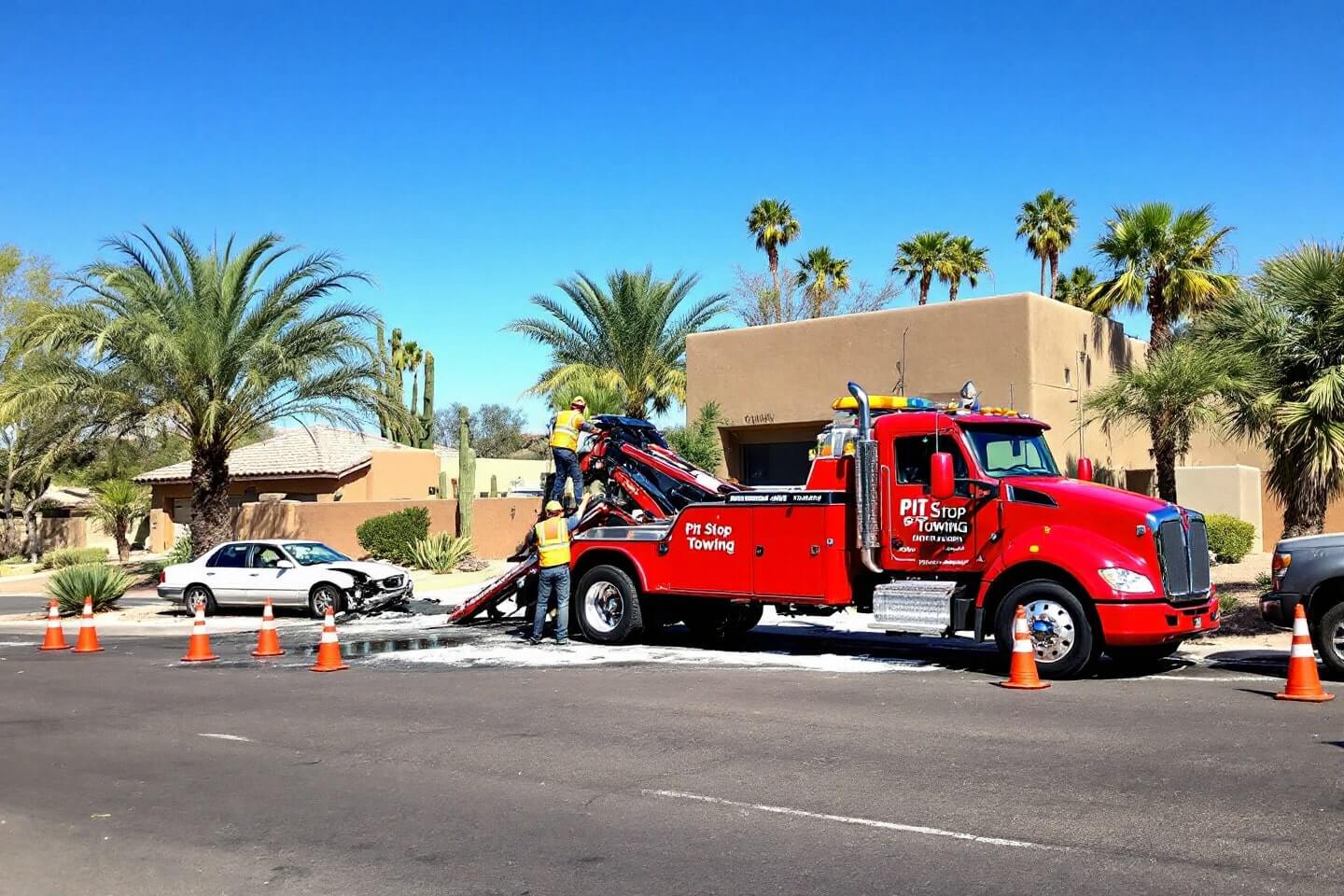 A tow truck supports accident recovery & clean up as workers prepare to tow a damaged vehicle from the accident site.