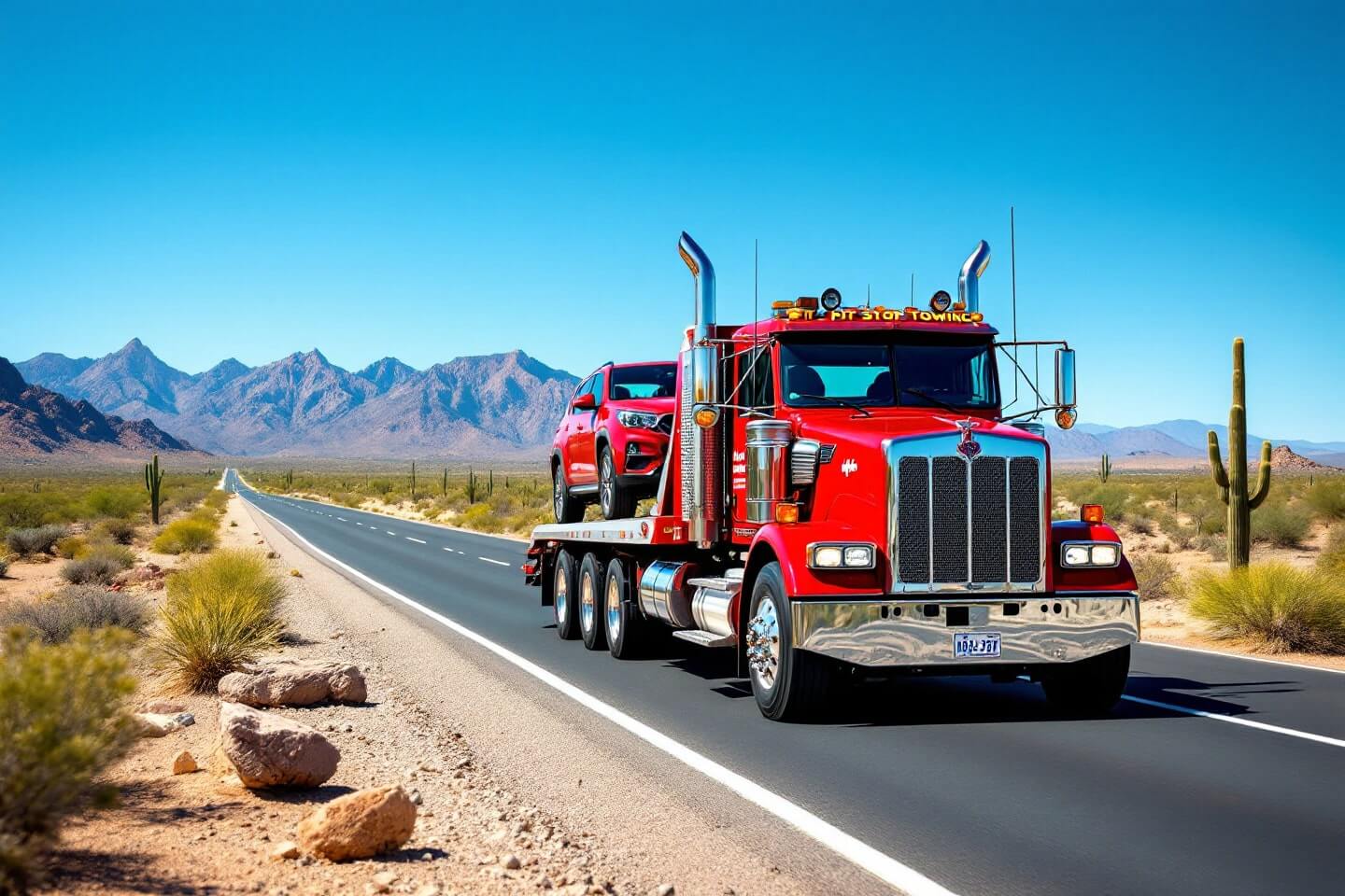 A vibrant red tow truck carries a vehicle on a flatbed. This photo highlights the capability of long-distance towing services to transport vehicles over extended routes..jpg