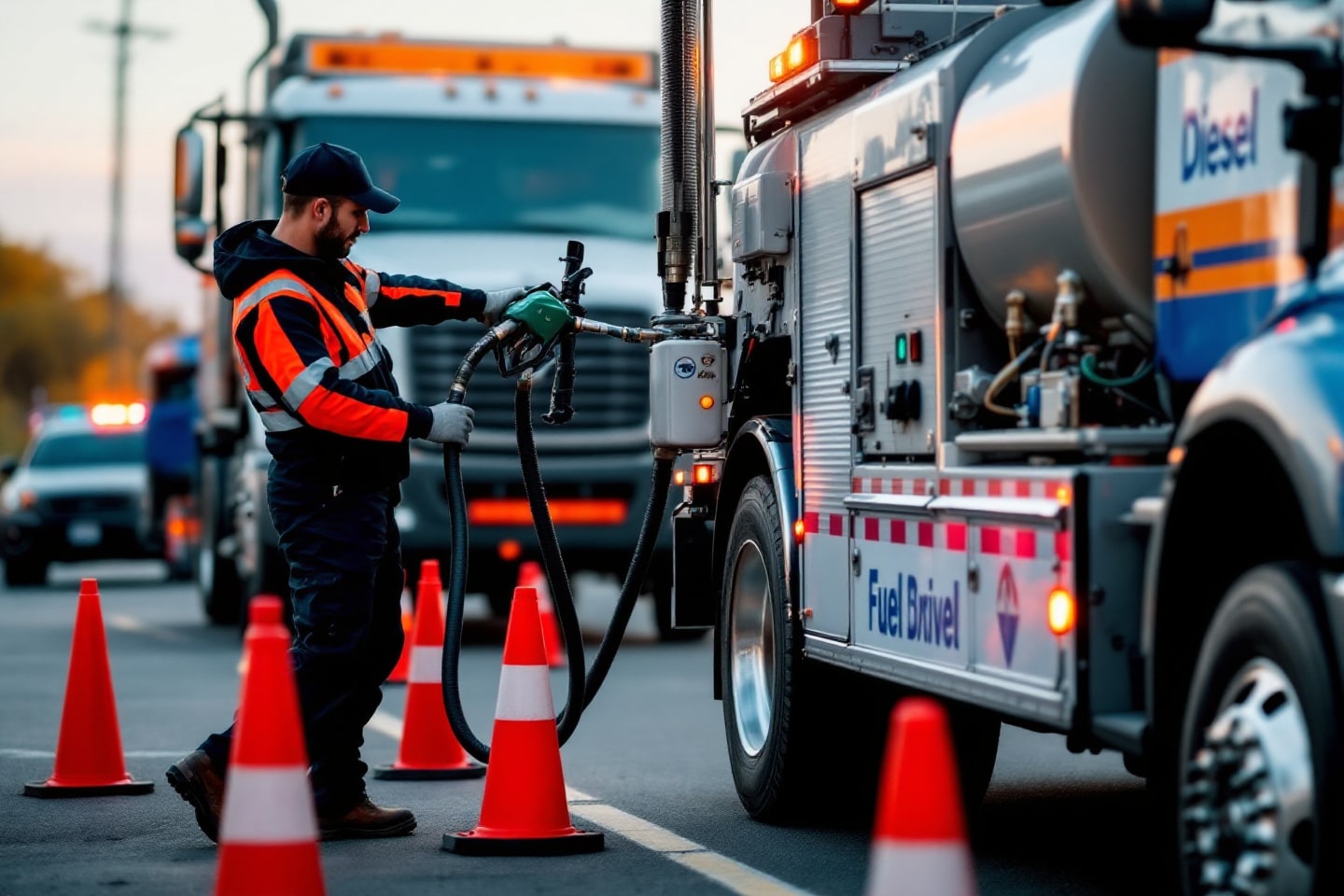 A worker in high-visibility clothing refuels a vehicle from a diesel truck on a roadway, highlighting the Gas and Diesel Delivery service