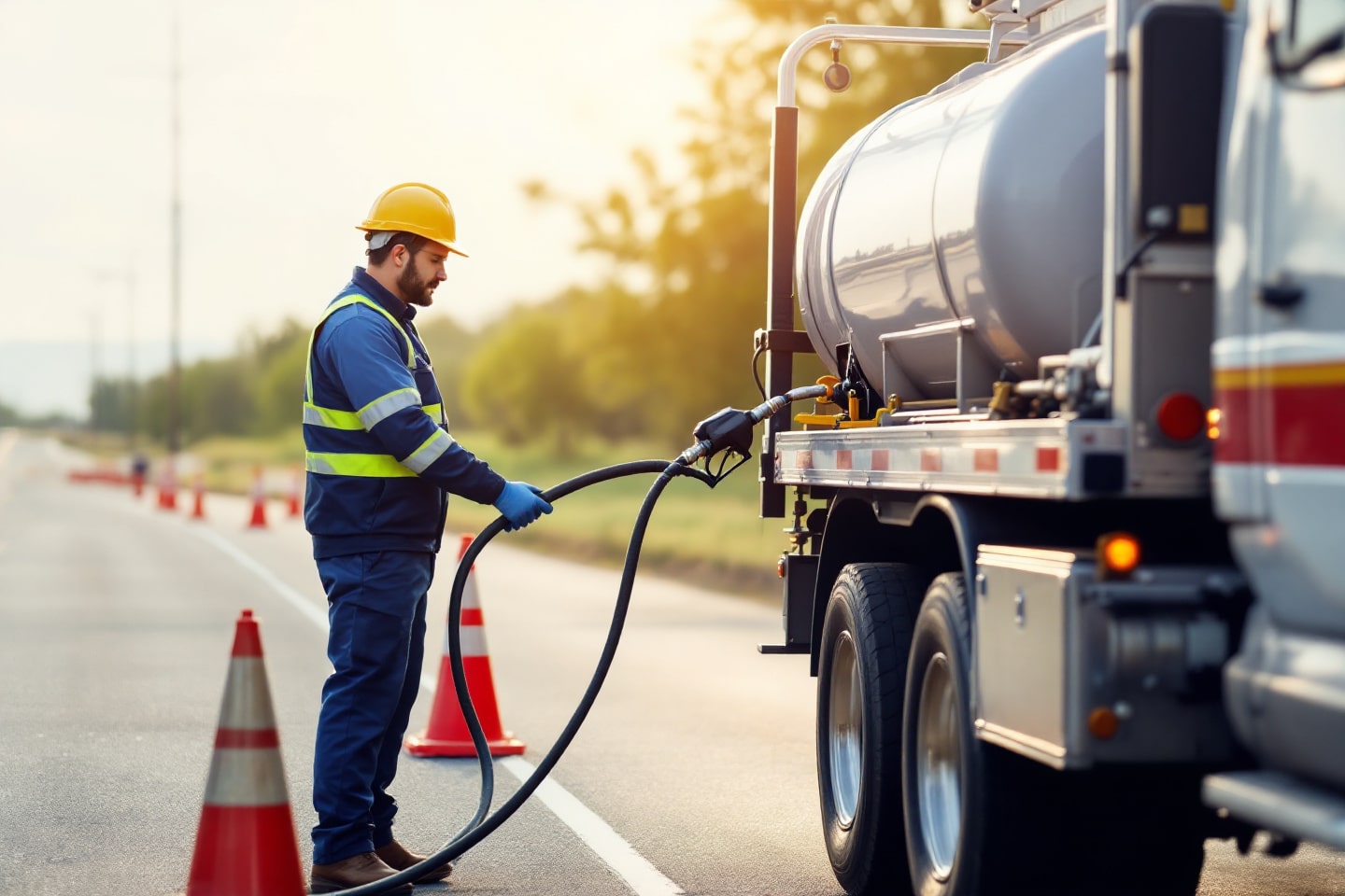 A worker in safety gear refuels a vehicle from a tanker on the roadside, highlighting the Gas and Diesel Delivery service