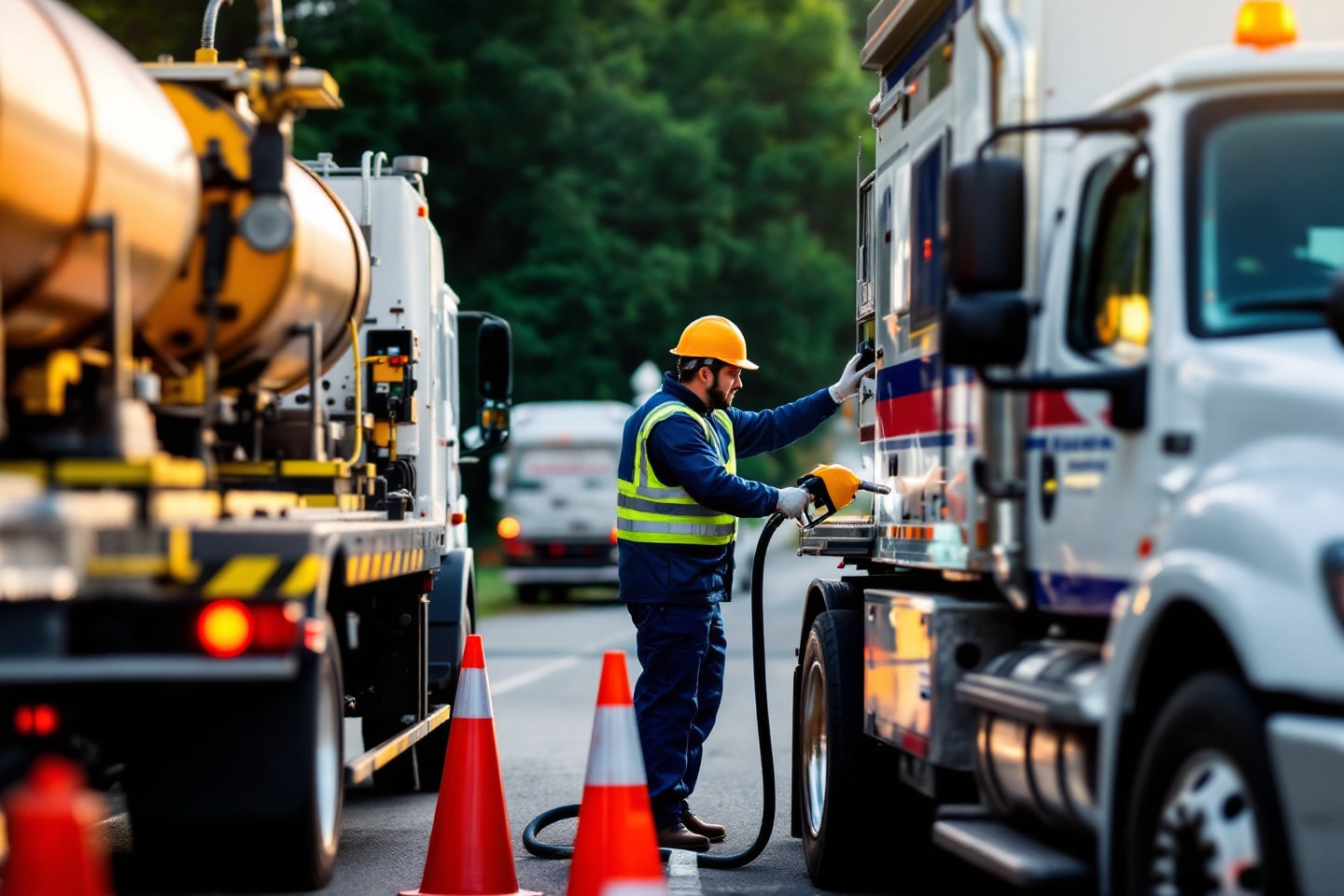 A worker in safety gear refuels a vehicle from a tanker truck, demonstrating the Gas and Diesel Delivery service