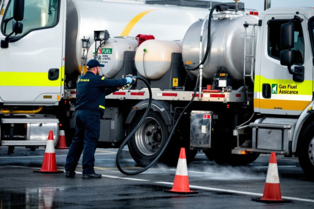 A worker refuels a tanker truck, illustrating the Gas and Diesel Delivery service