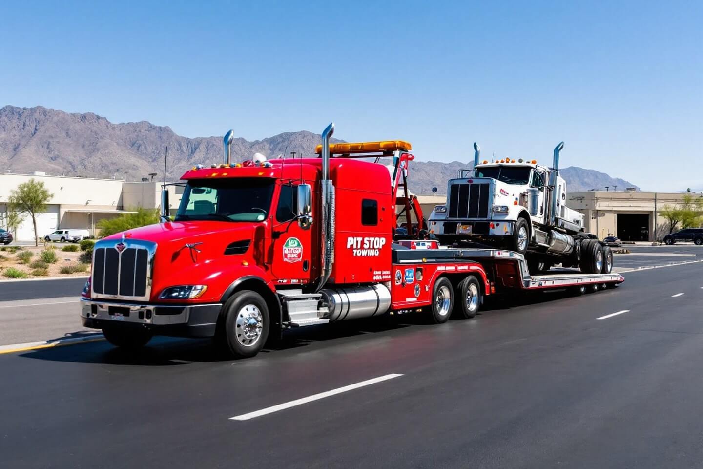 Pit Stop Towing’s red tow truck transports a large work truck, demonstrating reliable work trucks towing for heavy equipment