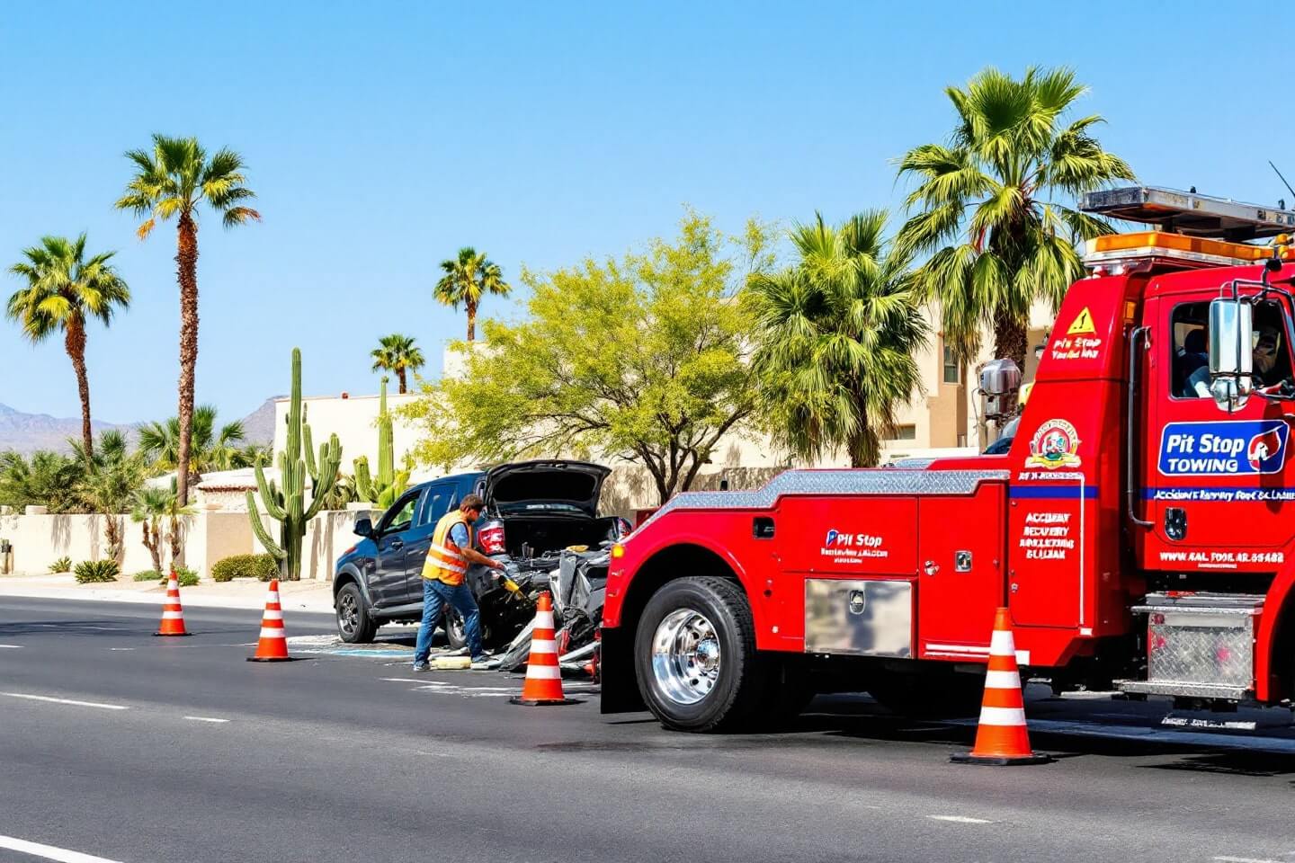 Technicians handle accident recovery & clean up around a damaged SUV, ensuring the roadway is clear and safe for drivers.