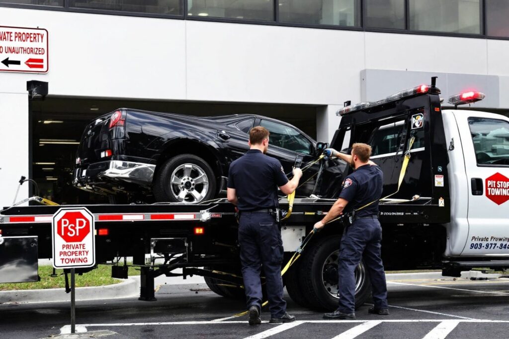 Pit Stop Towing team performing private property towing by securing a vehicle on a flatbed truck outside a building marked for private property towing.