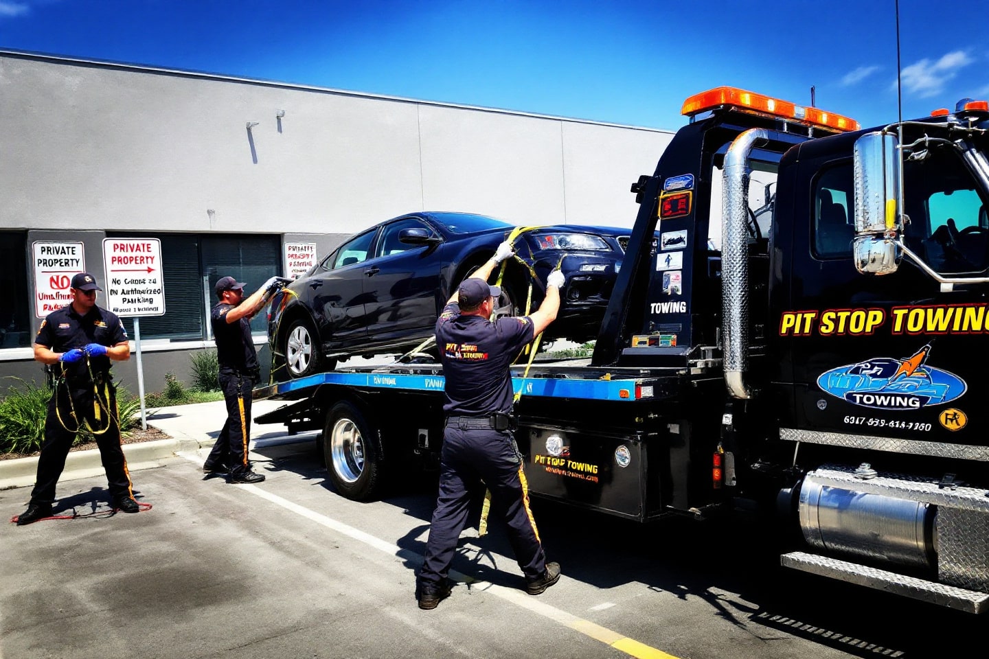 Pit Stop Towing team performing private property towing in a restricted parking area, securing an unauthorized vehicle on the flatbed tow truck.