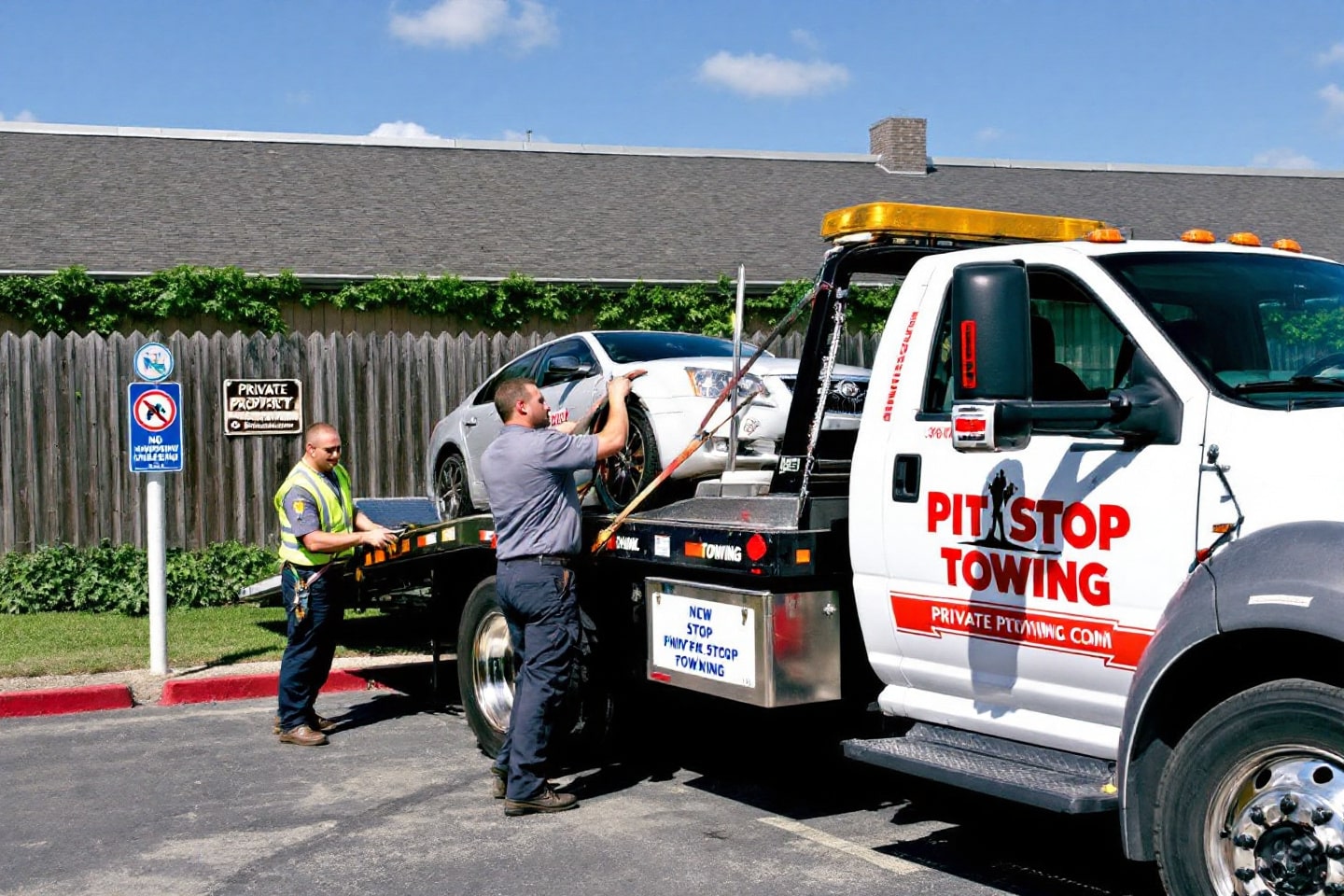 Pit Stop Towing team performing private property towing, securing a vehicle on a flatbed tow truck in a private property area.