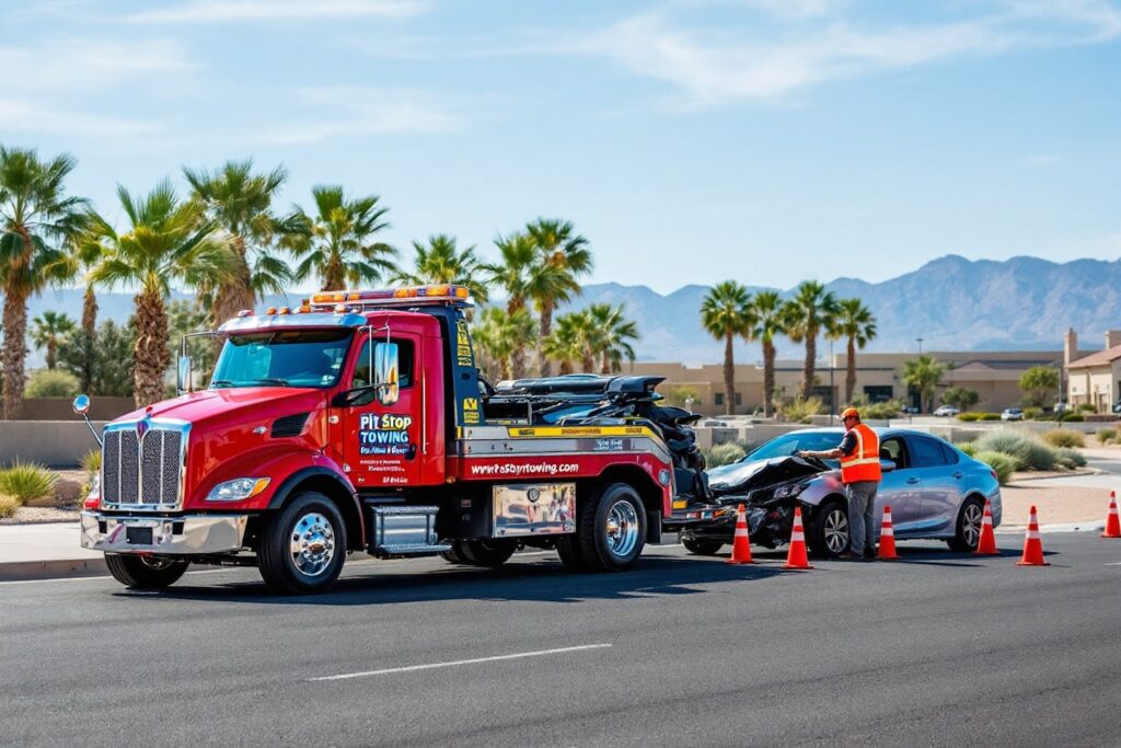 A Pit Stop Towing truck assisting at an accident scene, highlighting auto accident recovery services.