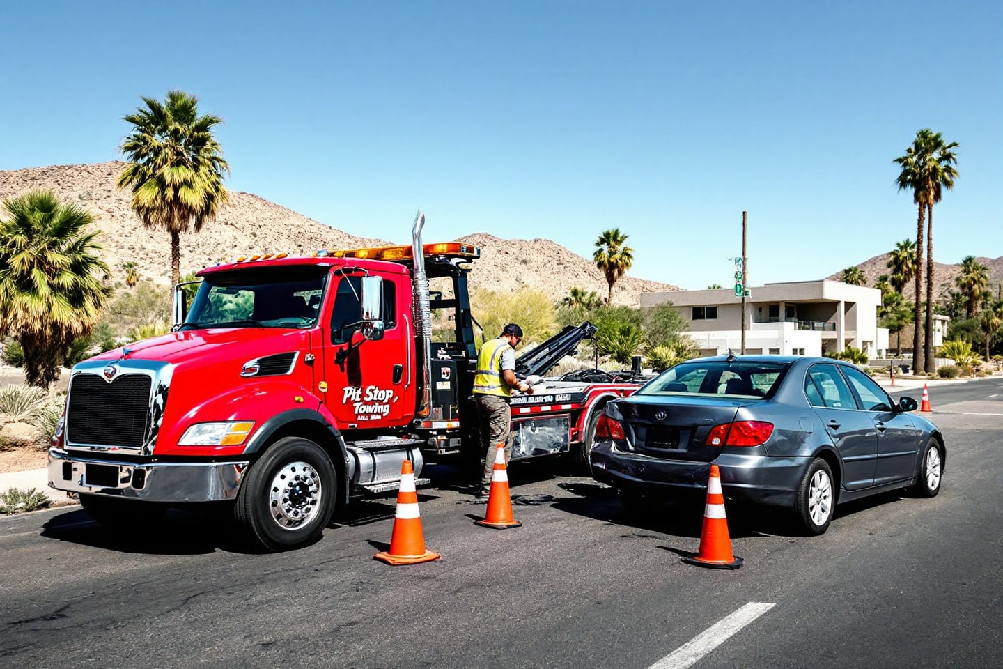 A Pit Stop Towing truck assisting at the scene of a car accident, exemplifying auto accident recovery services.