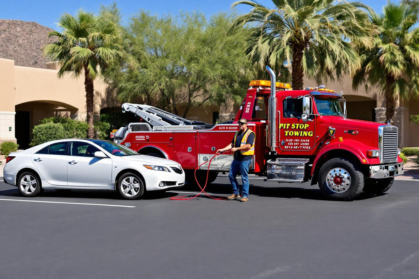 A Pit Stop Towing truck assists a car with a jump-start, handled by a worker in a safety vest, highlighting reliable roadside service.