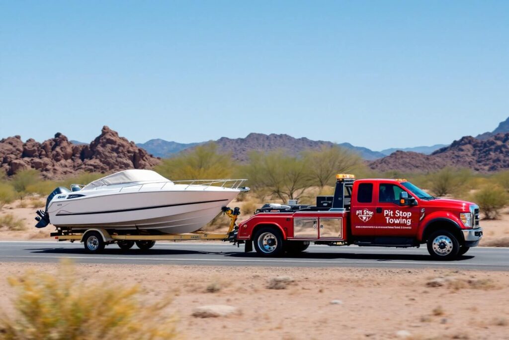 A Pit Stop Towing truck carefully transports a boat on a trailer against a backdrop of rocky desert scenery, illustrating efficient boat trailers towing