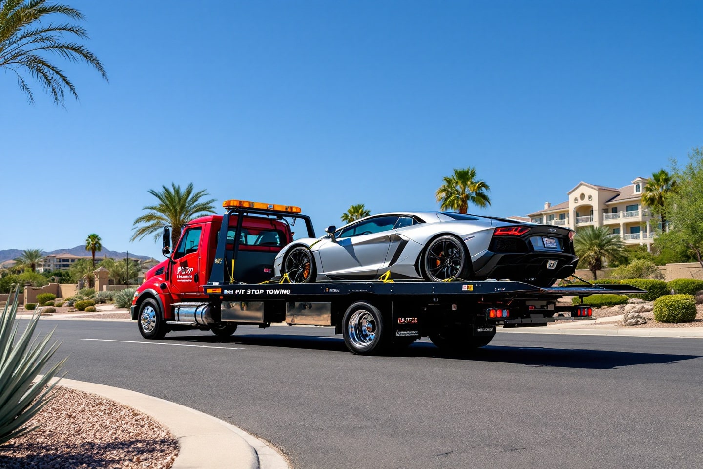 A Pit Stop Towing truck provides Exotic Car Towing for a silver sports car in a sunny, palm-lined area