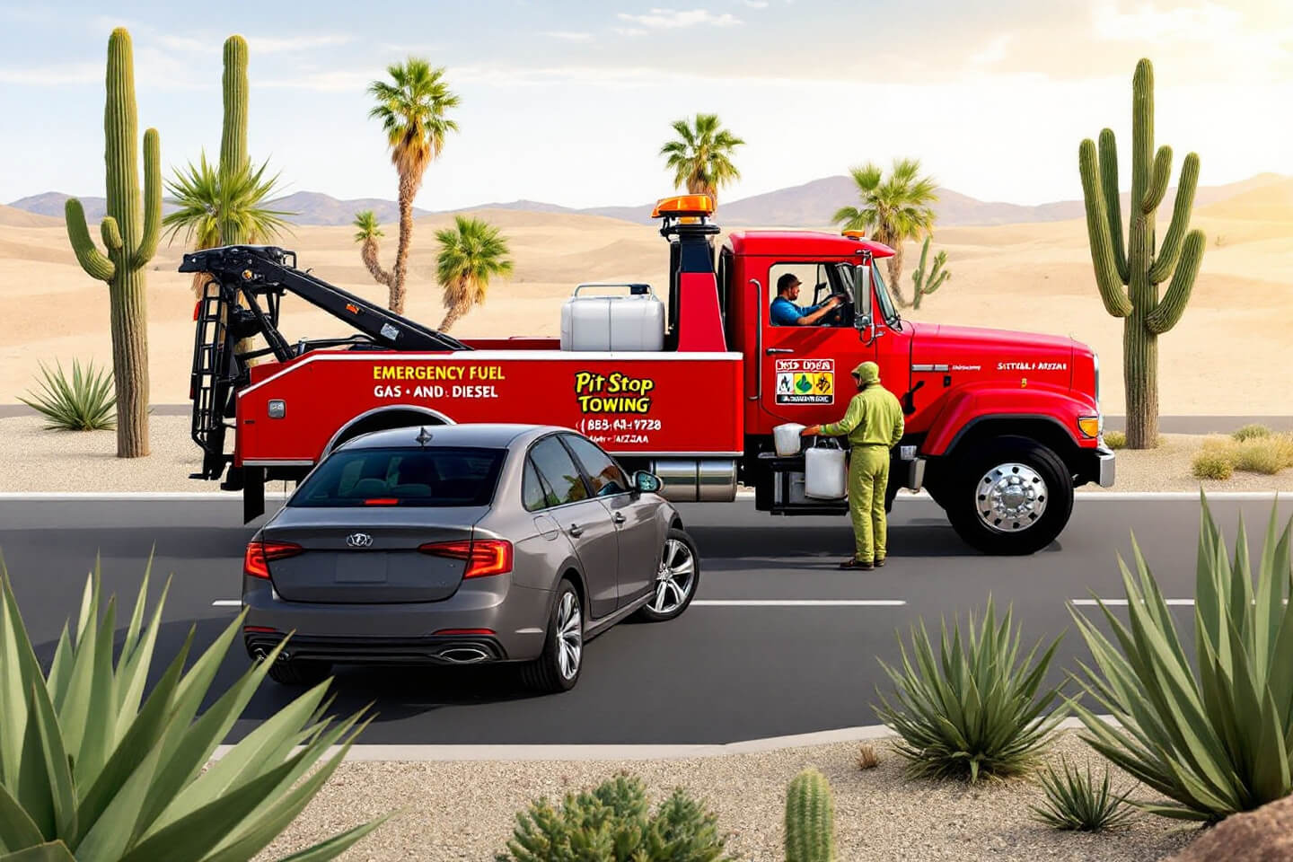 A Pit Stop Towing truck provides an emergency gas and diesel delivery service in a desert setting, with a worker assisting a stranded car by refueling it.