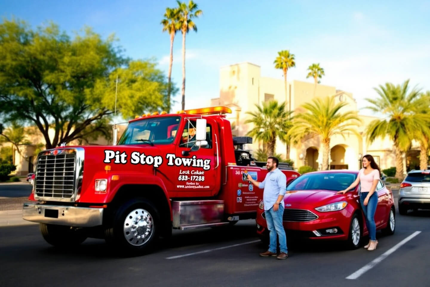 A Pit Stop Towing truck provides fast and reliable lockout service, assisting a couple locked out of their car in a sunny parking lot.