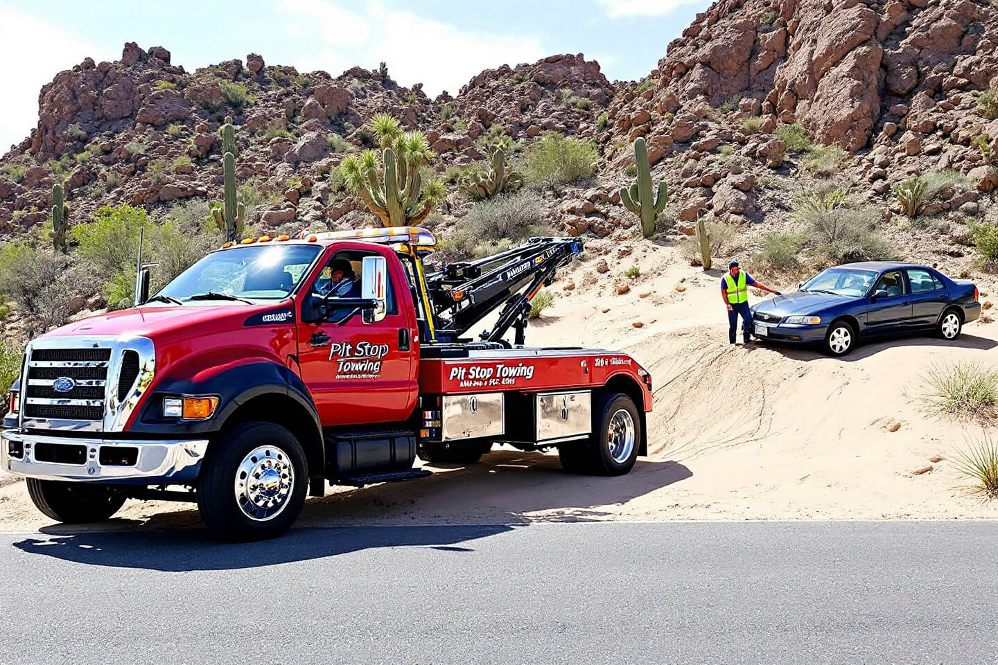 A Pit Stop Towing truck provides professional winching services, assisting a vehicle stuck on a sandy roadside in a desert landscape.