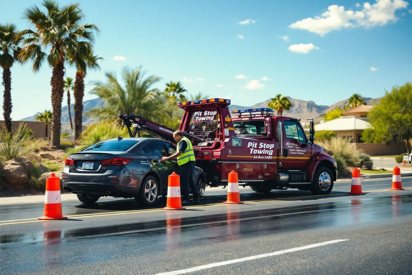 A Pit Stop Towing truck assisting at the scene of a car accident, exemplifying auto accident recovery services.