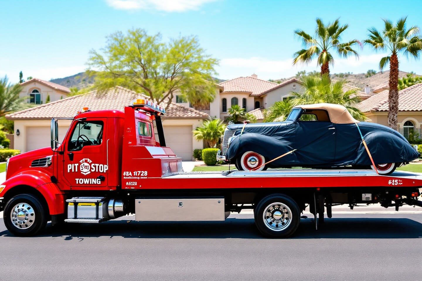 A Pit Stop Towing truck transports an antique car with extra care and safety, securely strapped for a smooth and protected journey.