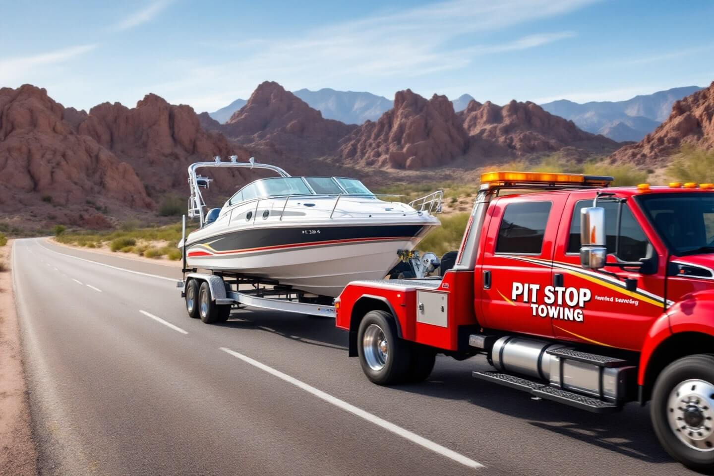 A Pit Stop Towing vehicle cruises down the desert road with a boat in tow, representing proficient boat trailers towing for long hauls