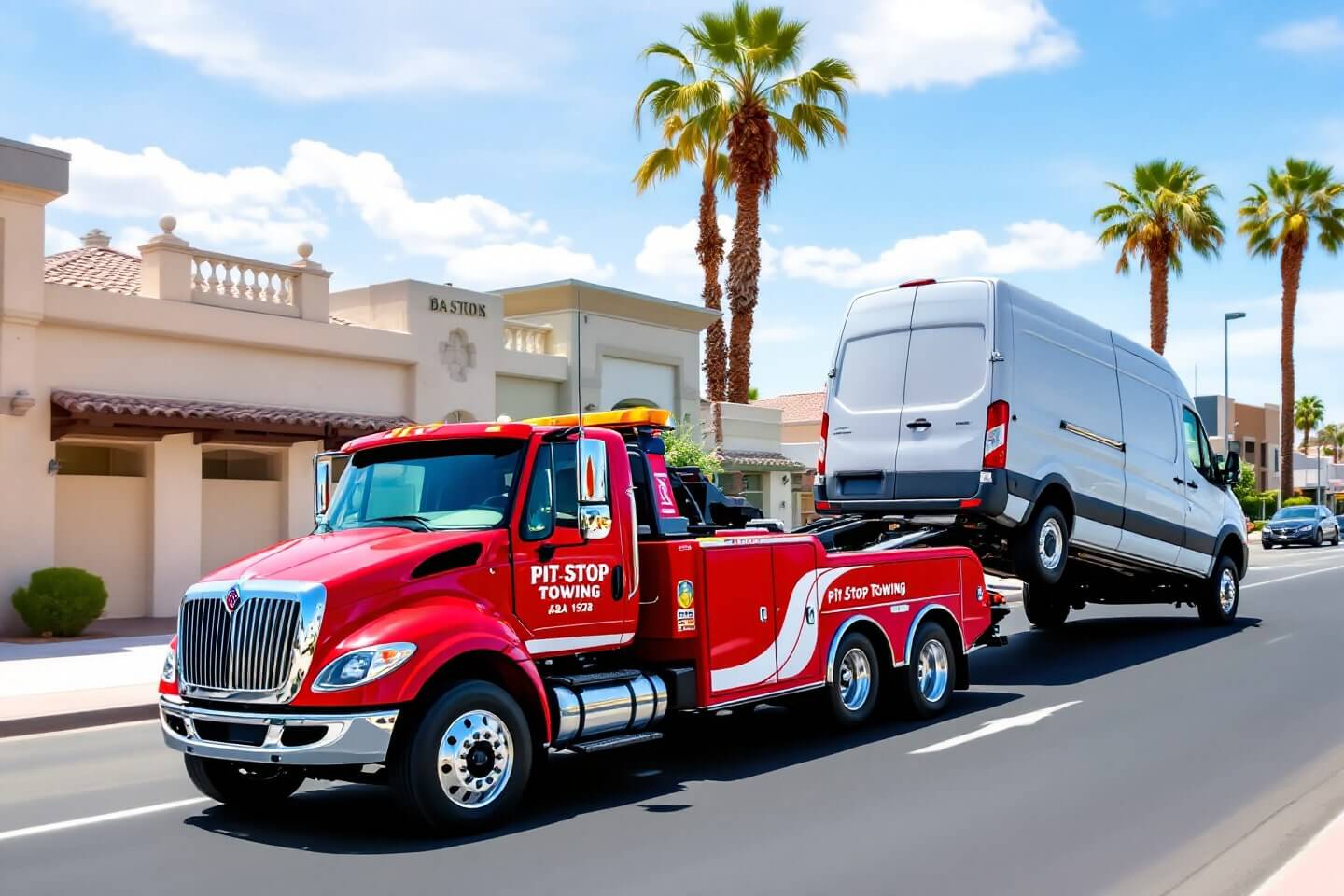 A red Pit Stop Towing truck transporting a white commercial van in a city environment, demonstrating Commercial Vehicles Towing