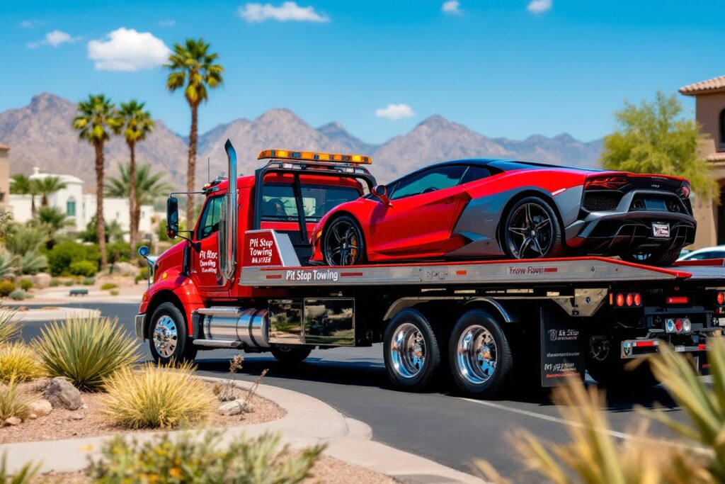 A red Pit Stop Towing truck transports a sleek silver sports car, highlighting the Exotic Car Towing service on a sunny day with palm trees and desert scenery in the background
